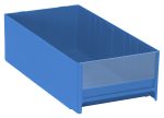 The Quantum Interlocking Cabinet Drawer, made of high-impact polystyrene and measuring 11L x 5-5/8W x 3-5/16H, includes a transparent front panel. This blue storage bin is ideal for organizing and fits seamlessly into any cabinet drawer. Proudly made in the USA.