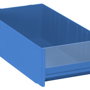 The Quantum Interlocking Cabinet Drawer, made of high-impact polystyrene and measuring 11L x 5-5/8W x 3-5/16H, includes a transparent front panel. This blue storage bin is ideal for organizing and fits seamlessly into any cabinet drawer. Proudly made in the USA.