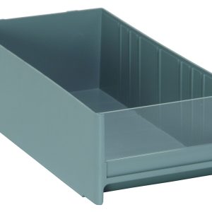 The Quantum Interlocking Cabinet Drawer, measuring 11L x 5-5/8W x 3-5/16H, is made of high-impact polystyrene and features a smooth-sided rectangular design in gray. This open-top bin, made in the USA, is perfect for organizing various items.