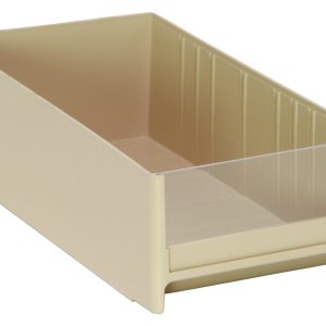The Quantum Interlocking Cabinet Drawer, crafted from high-impact polystyrene, measures 11L x 5-5/8W x 3-5/16H and features a transparent front panel for easy visibility. This ivory, USA-made bin is perfect for organizing small items and stacking.