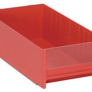 The Quantum Interlocking Cabinet Drawer, measuring 11L x 5-5/8W x 3-5/16H, is a red high-impact polystyrene bin with a clear front panel and open top, ideal for organizing items at home or office. Made in the USA.