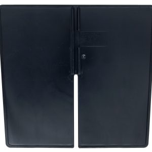 A Quantum Long Divider in black plastic with a flat base and vertical divider featuring a central slit. Its smooth, slightly reflective surface adds elegance. Made in USA (pack of 10), perfect for use with QP1285.