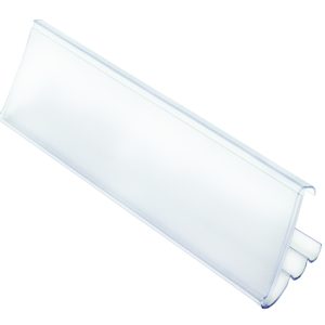 The Quantum Angled Label Holder is a clear, rectangular plastic clip designed for attaching documents. It has a smooth surface and a slightly curved edge available at 60°, with an open end for easy paper insertion, functioning like an angled label holder on a white background.