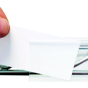 A hand inserts a Quantum Label Insert, 3W x 1-1/4D, into a clear holder on a metal wire shelf. The sturdy framework of the shelf in the background highlights its organizational ease.
