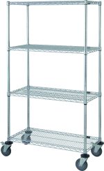 The Quantum Mobile Cart measures 36W x 18D x 69H and features four wire shelves, four 63H posts, four donut bumpers, and four 5 thermoplastic resin casters (two with brakes). Its chrome-plated finish and open design are perfect for item organization in various settings.