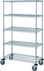 The Quantum Mobile Cart, measuring 36W x 18D x 69H, includes five wire shelves, four 63 posts, four donut bumpers, and is outfitted with four 5 thermoplastic resin casters—two of which have brakes. Its chrome-plated finish and open design offer versatile organization in any setting.