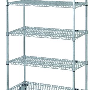 The Quantum Mobile Cart, measuring 36W x 18D x 69H, includes five wire shelves, four 63 posts, four donut bumpers, and is outfitted with four 5 thermoplastic resin casters—two of which have brakes. Its chrome-plated finish and open design offer versatile organization in any setting.