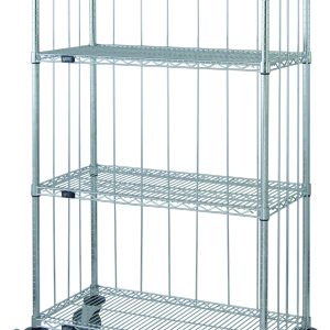 The Quantum Mobile Enclosure Cart measures 36W x 18D x 69H and features a robust metal design with four wire shelves. It includes four 5 thermoplastic resin casters (two with brakes) for easy movement, plus chrome-plated rods, tabs kits, and donut bumpers.