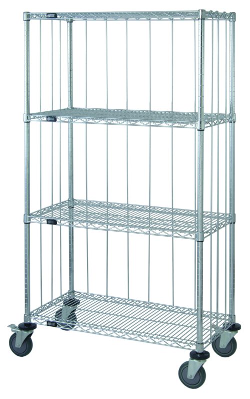 The Quantum Mobile Enclosure Cart measures 36W x 18D x 69H and features a robust metal design with four wire shelves. It includes four 5 thermoplastic resin casters (two with brakes) for easy movement, plus chrome-plated rods, tabs kits, and donut bumpers.