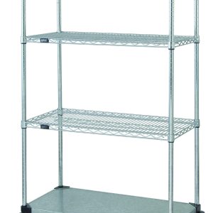 The Quantum Mobile Cart is a 36W x 18D x 69H unit featuring three wire shelves, one solid galvanized steel shelf, four 63 H posts with donut bumpers, and four thermoplastic resin casters (two with brakes), chrome-plated, set against a white backdrop.