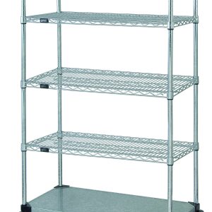 The Quantum Mobile Cart, measuring 36W x 18D x 69H, includes four wire shelves and a solid galvanized steel shelf. It features chrome-plated, evenly spaced tiers, donut bumpers, and 5 thermoplastic resin casters for easy mobility (two with brakes). Perfect for organized storage.