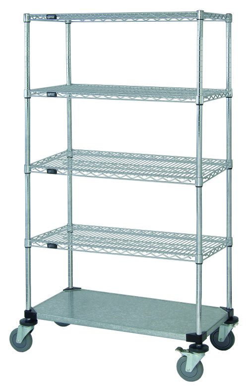 The Quantum Mobile Cart, measuring 36W x 18D x 69H, includes four wire shelves and a solid galvanized steel shelf. It features chrome-plated, evenly spaced tiers, donut bumpers, and 5 thermoplastic resin casters for easy mobility (two with brakes). Perfect for organized storage.