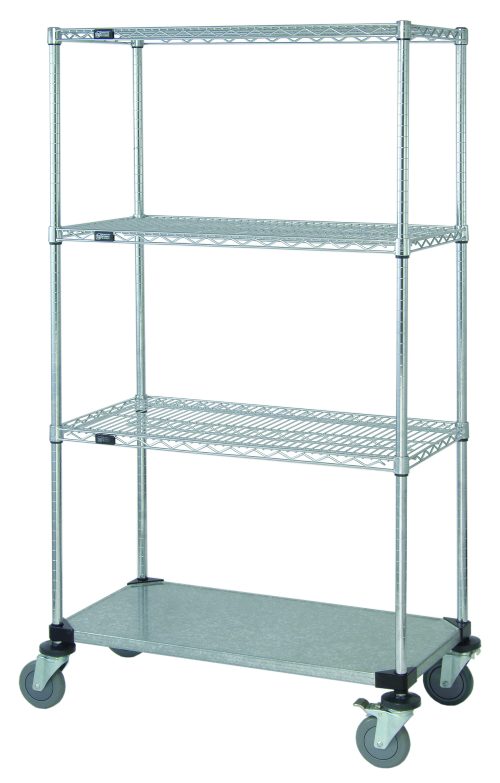 The Quantum Mobile Cart is a 36W x 18D x 69H unit featuring three wire shelves, one solid galvanized steel shelf, four 63 H posts with donut bumpers, and four thermoplastic resin casters (two with brakes), chrome-plated, set against a white backdrop.