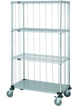 The Quantum Mobile Enclosure Cart, measuring 36W x 18D x 69H, includes three wire shelves and a solid galvanized steel shelf, four 63H posts, and is equipped with four thermoplastic resin casters for easy maneuvering. It features chrome plating for durability and vertical supports for stability.