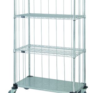 The Quantum Mobile Enclosure Cart, measuring 36W x 18D x 69H, includes three wire shelves and a solid galvanized steel shelf, four 63H posts, and is equipped with four thermoplastic resin casters for easy maneuvering. It features chrome plating for durability and vertical supports for stability.