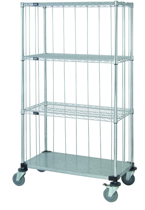 The Quantum Mobile Enclosure Cart, measuring 36W x 18D x 69H, includes three wire shelves and a solid galvanized steel shelf, four 63H posts, and is equipped with four thermoplastic resin casters for easy maneuvering. It features chrome plating for durability and vertical supports for stability.
