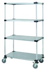 The Quantum Mobile Cart, measuring 36W x 18D x 69H, includes four solid galvanized steel shelves and 63H posts. Supported by vertical rods, it features easy mobility with four 5 thermoplastic resin casters, two equipped with brakes.