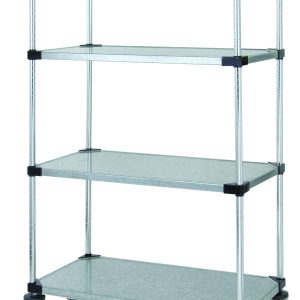 The Quantum Mobile Cart, measuring 36W x 18D x 69H, includes four solid galvanized steel shelves and 63H posts. Supported by vertical rods, it features easy mobility with four 5 thermoplastic resin casters, two equipped with brakes.