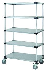 The Quantum Mobile Cart (36W x 18D x 69H) includes five solid galvanized steel shelves, four 63H posts, four donut bumpers for protection, and four 5 thermoplastic resin casters (two with brakes) in a galvanized steel finish.