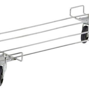 The Quantum Dolly Base, measuring 48W X 20D, features a chrome-plated finish and includes four black 5 swivel casters. Its thin metal bars create a sturdy rectangular platform that can effortlessly hold and transport items up to an 800 lb capacity.