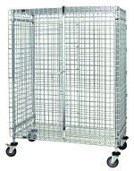 The Quantum Security Unit is a mobile, chrome-plated metal cage with square grid holes, featuring a door, top and bottom shelves, and mounted on four 5 poly stem casters for mobility (two with brakes). It stands against a plain white background. Dimensions: 36W X 18D X 69H.
