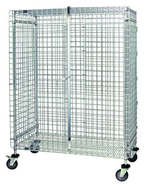 M2436-69SEC.jpg The Quantum Security Unit is a mobile, chrome-plated metal cage with square grid holes, featuring a door, top and bottom shelves, and mounted on four 5 poly stem casters for mobility (two with brakes). It stands against a plain white background. Dimensions: 36W X 18D X 69H.