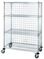 The Quantum Mobile Enclosure Cart (36W x 24D x 69H) includes four wire shelves, four enclosure panels, four 63 posts, and offers mobility with four 5 thermoplastic resin casters. It has a chrome-plated finish and comes with four donut bumpers, ideal for versatile storage or organization.