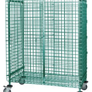 The Quantum Security Unit is a mobile green cage with a 36W x 18D x 69H metal mesh frame, featuring front security panel doors and locks. It includes a top shelf, bottom shelf, and casters for mobility, making it ideal for storage or transport with added antimicrobial protection.