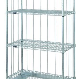 The Quantum Mobile Enclosure Cart has a metal wire design with four shelves, vertical side bars, and is 36W x 18D x 70H. It includes a dolly base and four thermoplastic resin casters (2 rigid, 2 swivel with brakes) for easy mobility, making it ideal for efficient storage and transport.