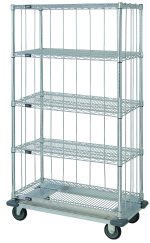 The Quantum Mobile Enclosure Cart is a sturdy, tall, metal unit with five wire shelves and a dolly base. It features four tiers and open sides, perfect for storage or transport. The chrome-plated finish and thermoplastic casters (two rigid, two swivel with brakes) make it versatile with rods and tabs kits included.