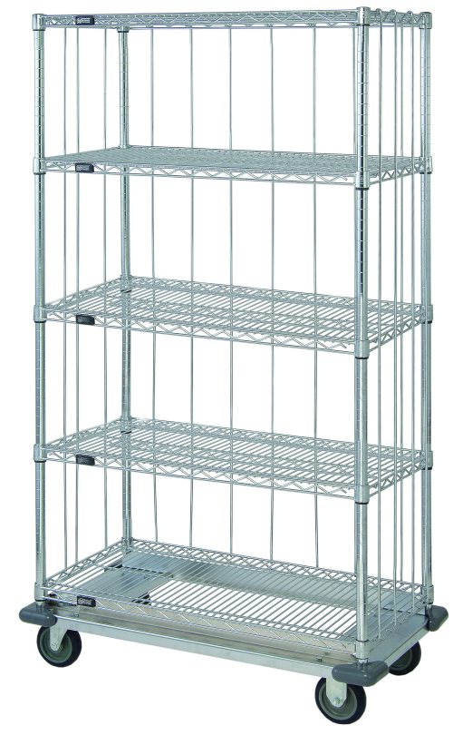 The Quantum Mobile Enclosure Cart is a sturdy, tall, metal unit with five wire shelves and a dolly base. It features four tiers and open sides, perfect for storage or transport. The chrome-plated finish and thermoplastic casters (two rigid, two swivel with brakes) make it versatile with rods and tabs kits included.
