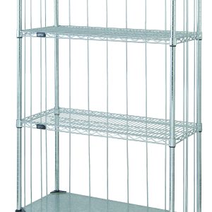 The Quantum Mobile Enclosure Cart, measuring 36W x 18D x 70H, features three wire shelves and a solid galvanized steel shelf. It includes four posts, rods and tabs kits, a dolly base, and four plate thermoplastic resin casters. The cart is finished with chrome plating and has an industrial design.