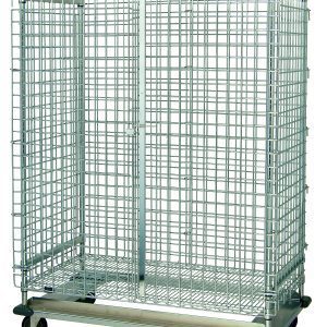 The Quantum Security Unit is a mobile wire mesh storage cage with a dolly base, hinged double doors, and four casters (two swivel with brakes). It measures 36W x 18D x 70H and includes top/bottom shelves and a security panel set for goods transport while providing visibility.