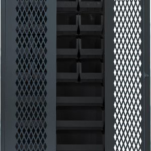 The Quantum Specialty Bin Cabinet features a 36W x 18D x 78H heavy-duty mesh door for ventilation. With an all-welded gray finish and dimensions perfect for organizing, it includes (20) Qus240 and (8) Qus250 black bins, offering robust storage capacity. Ships assembled.