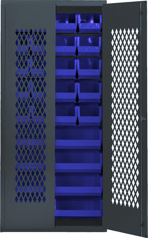 The Quantum Specialty Bin Cabinet, with dimensions of 36W x 18D x 78H and a durable 14-gauge all welded construction, features a gray mesh door that opens to reveal blue bins in various slots. Ideal for organized storage, it includes (20) Qus240 bins and (8) Qus250 bins, and ships assembled.