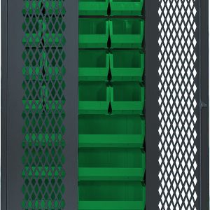 The Quantum Specialty Bin Cabinet, measuring 36W x 18D x 78H, features a durable black metal frame with mesh doors and diamond-patterned lattice for ventilation. It includes (20) QUS240 and (8) QUS250 green bins for organized storage. The heavy-duty, all-welded 14-gauge construction comes assembled in a gray finish.
