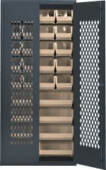 The Quantum Specialty Bin Cabinet, with a diamond-patterned mesh door, includes (20) beige bins (14-3/4L x 8-1/4W x 7H) and (8) ivory bins (14-3/4L x 16-1/2W x 7H), is built for organized storage with its heavy-duty, welded gray construction.