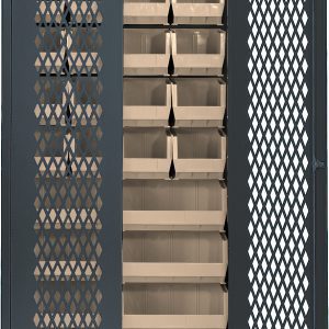 The Quantum Specialty Bin Cabinet, with a diamond-patterned mesh door, includes (20) beige bins (14-3/4L x 8-1/4W x 7H) and (8) ivory bins (14-3/4L x 16-1/2W x 7H), is built for organized storage with its heavy-duty, welded gray construction.