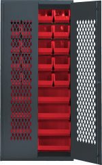 The Quantum Specialty Bin Cabinet features a durable 14-gauge, all-welded gray construction with a partially open mesh door revealing organized red bins. This heavy-duty cabinet measures 36W x 18D x 78H and includes (20) QUS240 and (8) QUS250 red bins, shipped fully assembled.