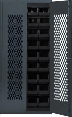 The Quantum Specialty Bin Cabinet features a robust 14-gauge all-welded construction with a gray finish, measuring 36W x 18D x 78H. Its mesh door reveals vertical rows of removable black compartments and it comes fully assembled with thirty-six bins (14-3/4L x 8-1/4W x 7H).