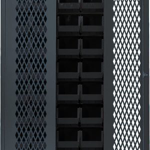 The Quantum Specialty Bin Cabinet features a robust 14-gauge all-welded construction with a gray finish, measuring 36W x 18D x 78H. Its mesh door reveals vertical rows of removable black compartments and it comes fully assembled with thirty-six bins (14-3/4L x 8-1/4W x 7H).