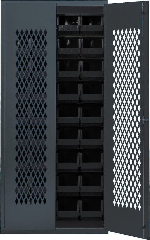 The Quantum Specialty Bin Cabinet features a robust 14-gauge all-welded construction with a gray finish, measuring 36W x 18D x 78H. Its mesh door reveals vertical rows of removable black compartments and it comes fully assembled with thirty-six bins (14-3/4L x 8-1/4W x 7H).