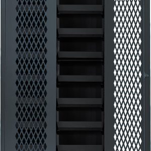 The Quantum Specialty Bin Cabinet features a durable, heavy-duty mesh door design with dimensions of 36W x 18D x 78H. It includes (18) black bins, each measuring 14-3/4L x 16-1/2W x 7H, and offers reliable storage with its robust 14-gauge all welded construction in a gray finish.