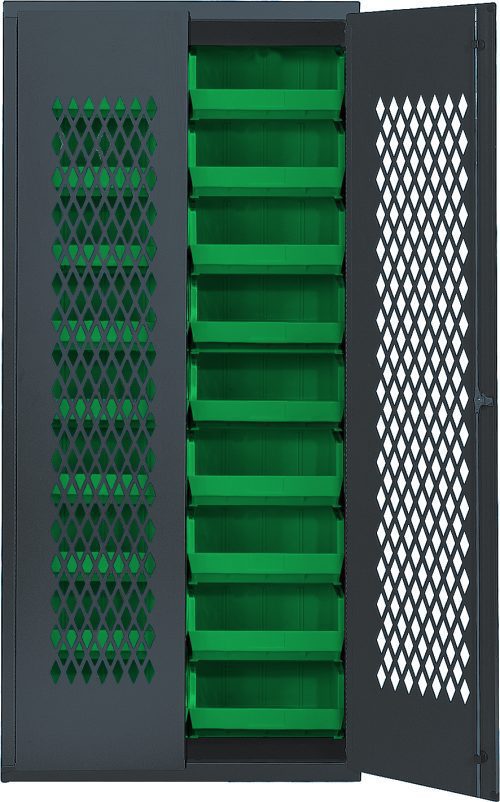 A Quantum Specialty Bin Cabinet with a mesh door reveals an organized interior featuring 18 green bins (QUS250) measuring 14-3/4L x 16-1/2W x 7H. Its heavy-duty, gray, and all-welded, sized at 36W x 18D x 78H, set against a plain backdrop.