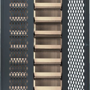 Image of a Quantum Specialty Bin Cabinet, Heavy-Duty Mesh Door Model with one door open, featuring multiple ivory bins inside. The cabinet boasts 14-gauge all-welded construction and diamond-pattern perforation for ventilation, measuring 36W x 18D x 78H and ships assembled.