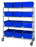 A Quantum Bin System Unit, measuring 60W x 24D x 69H, includes four wire shelves with twelve uniform blue bins (24-1/2L x 19W x 9-1/2H) organized neatly. The mobile unit has four swivel casters, two with brakes for stability, and features a chrome plated finish.