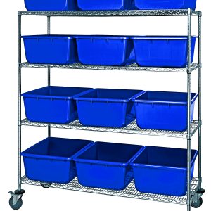 A Quantum Bin System Unit, measuring 60W x 24D x 69H, includes four wire shelves with twelve uniform blue bins (24-1/2L x 19W x 9-1/2H) organized neatly. The mobile unit has four swivel casters, two with brakes for stability, and features a chrome plated finish.