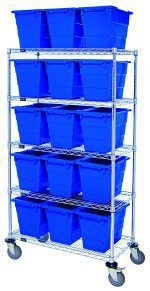 The Quantum Bin System Unit is a mobile metal shelving unit with five wire shelves and four 5 swivel casters, including two with brakes, and holds fifteen Tub1711-12 blue bins in a 60W x 18D x 69H chrome-plated frame.