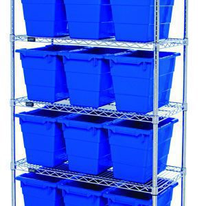 The Quantum Bin System Unit is a mobile metal shelving unit with five wire shelves and four 5 swivel casters, including two with brakes, and holds fifteen Tub1711-12 blue bins in a 60W x 18D x 69H chrome-plated frame.