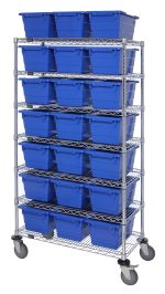 The Quantum Bin System Unit offers a metal structure with 60W x 18D x 69H dimensions, featuring seven wire shelves and twenty-four 17-1/4L x 11W x 8H blue bins (Tub1711-8). It includes four 5 swivel casters, two with brakes for stability, and has a chrome-plated finish. Shipped KD.